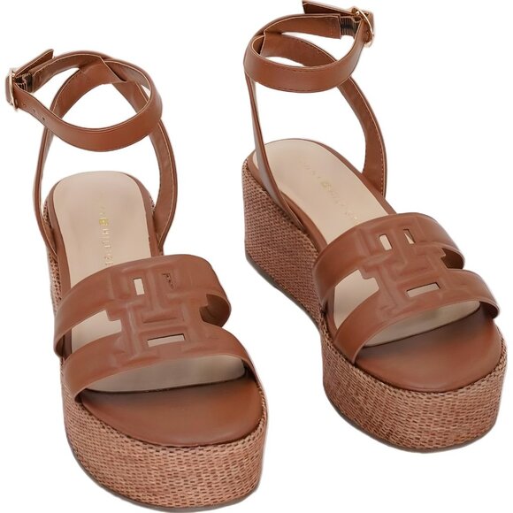 Tommy Hilfiger Vastie Raffia Platform Wedge Sandals Brown Women US 6.5M - Picture 1 of 6